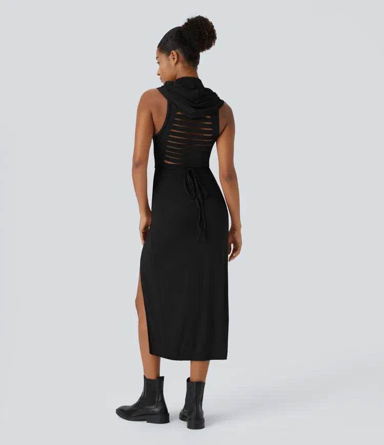 ColaZebra™ - Abito casual midi con Capuccio, Senza maniche e schiena a Zebra