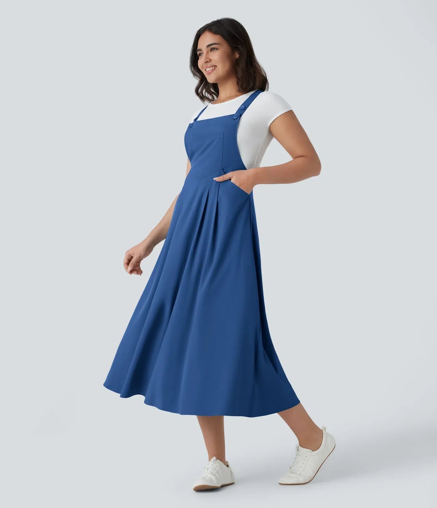 Classico™ - Abito midi casual e fluido con tasche multiple, spalline regolabili e bottoni